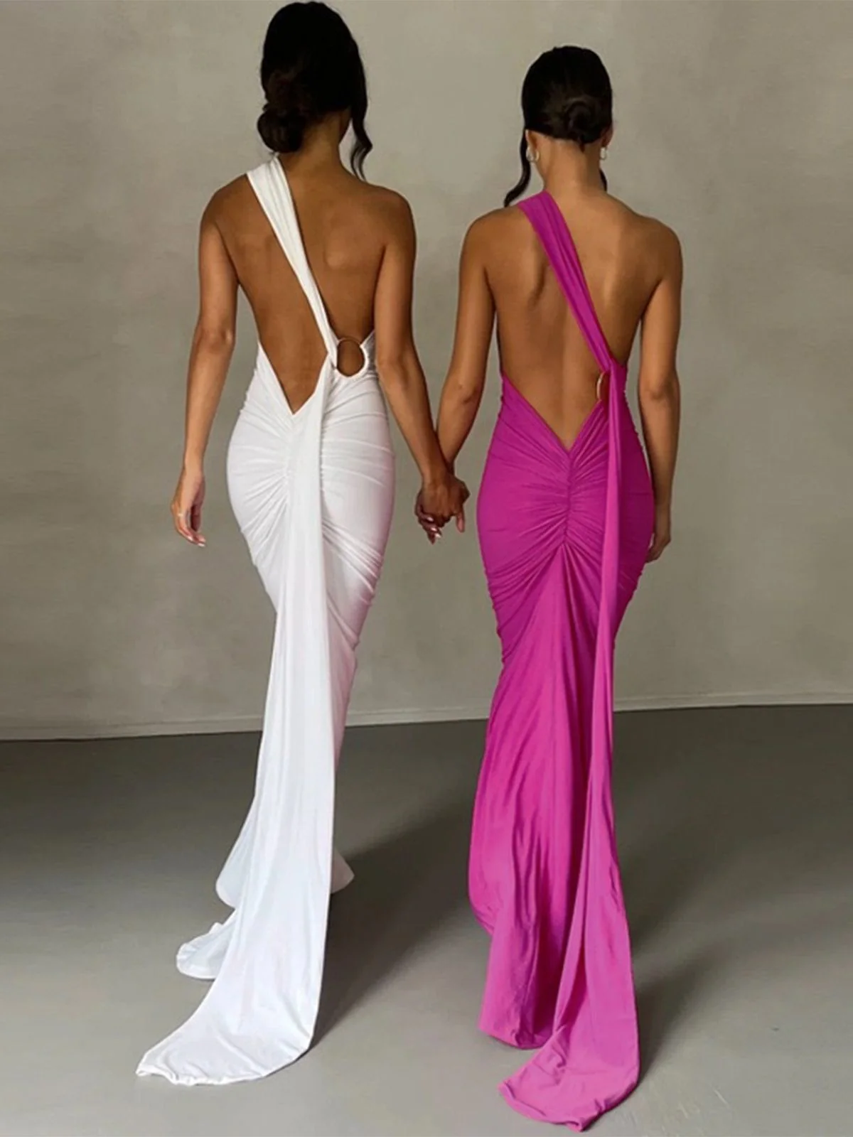 1980er Solide Eine Schulter Rückenfrei Abend Kleid mit Schleppe - Image 14