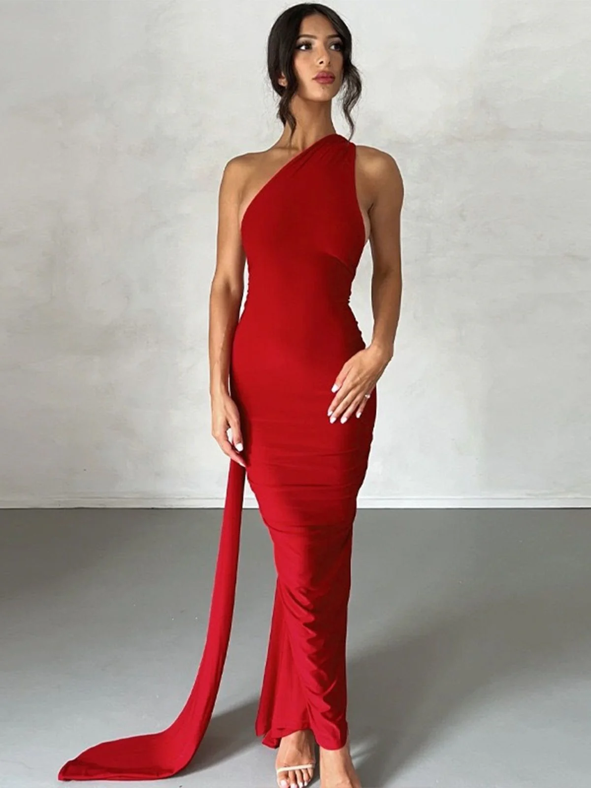 1980er Solide Eine Schulter Rückenfrei Abend Kleid mit Schleppe - Image 2
