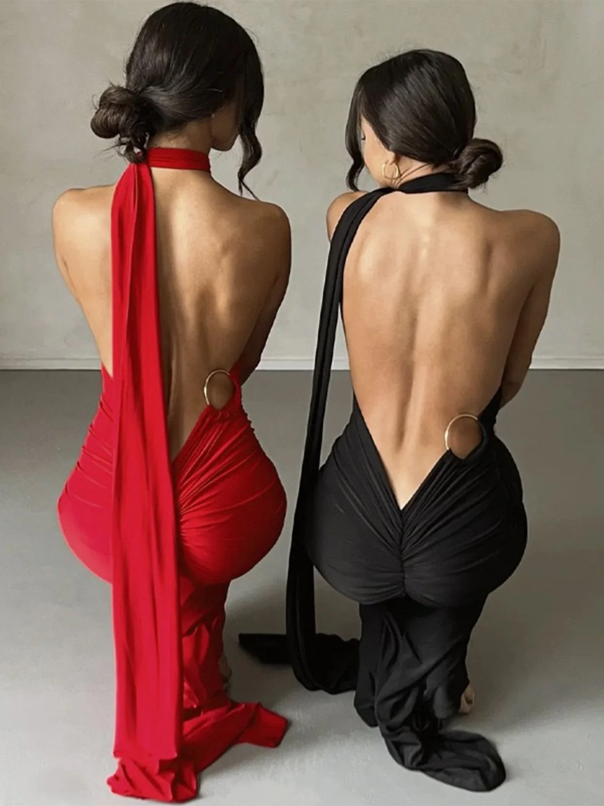 1980er Solide Eine Schulter Rückenfrei Abend Kleid mit Schleppe - Image 5