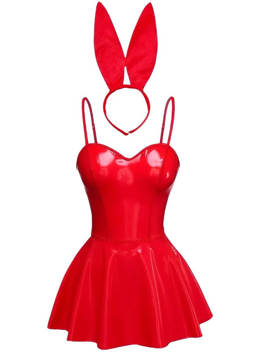 1980er Solide Latex Hasenkostüm Kleid Mit Ohren Stirnband - Image 3