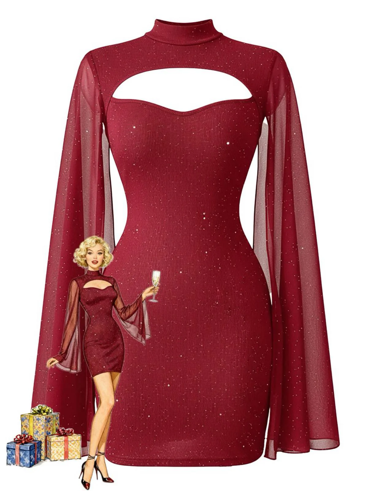 1980er Solide Perle Chiffon Cape Bodycon Kleid - Image 5