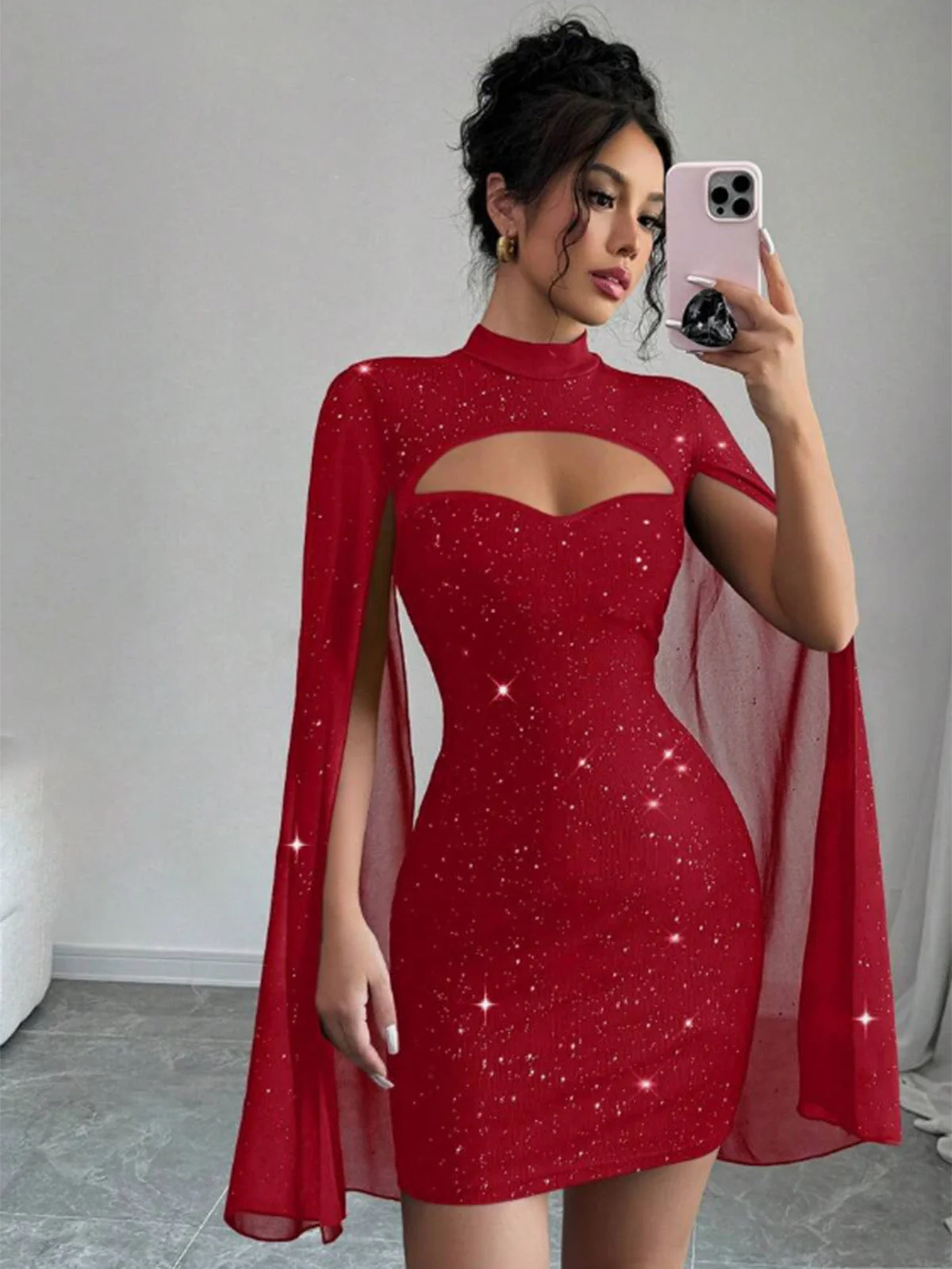 1980er Solide Perle Chiffon Cape Bodycon Kleid - Image 7