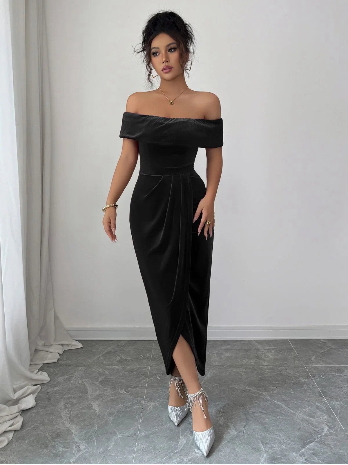 1980er Solide Samt Schulterfrei Midi Kleid - Image 13