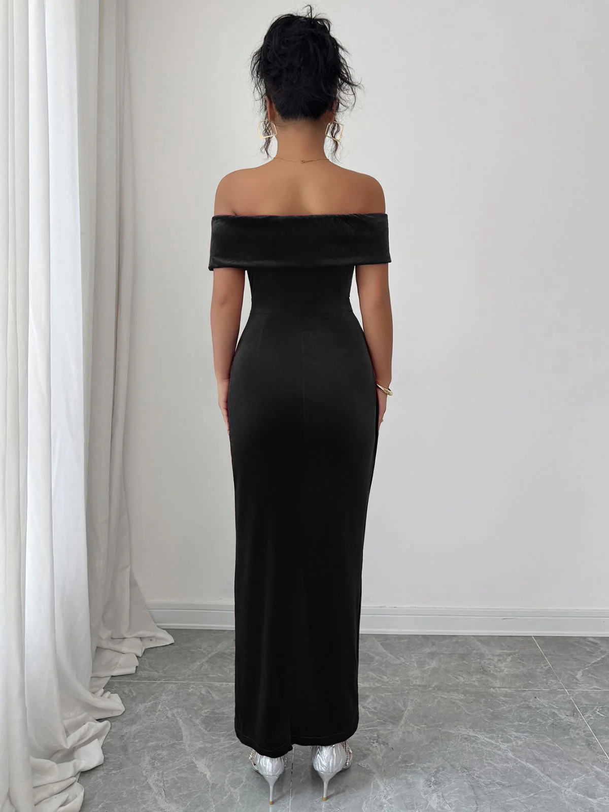 1980er Solide Samt Schulterfrei Midi Kleid - Image 14