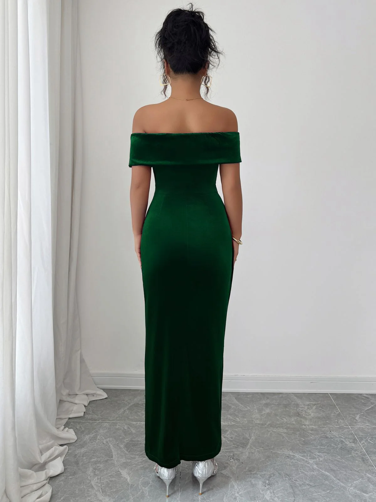 1980er Solide Samt Schulterfrei Midi Kleid - Image 18
