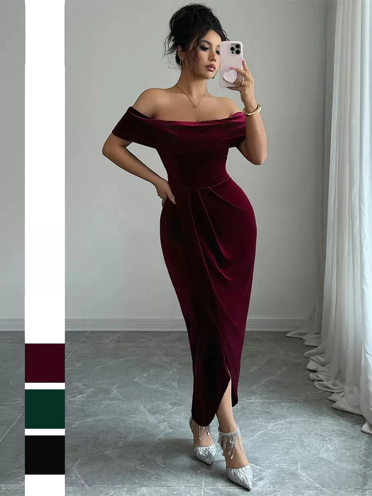 1980er Solide Samt Schulterfrei Midi Kleid - Image 4