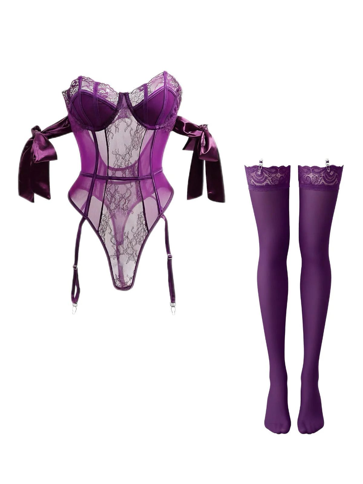 1980er Solide Schleife Bodysuit Pajama Mit Strümpfe - Image 3