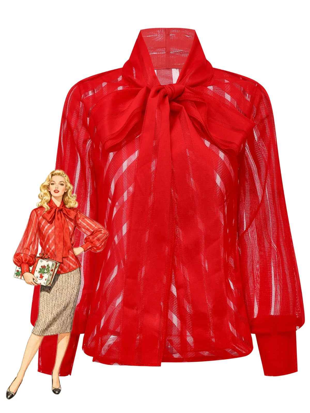 1980er Solide Sheer Netz Streifen Bogen Tie Bluse