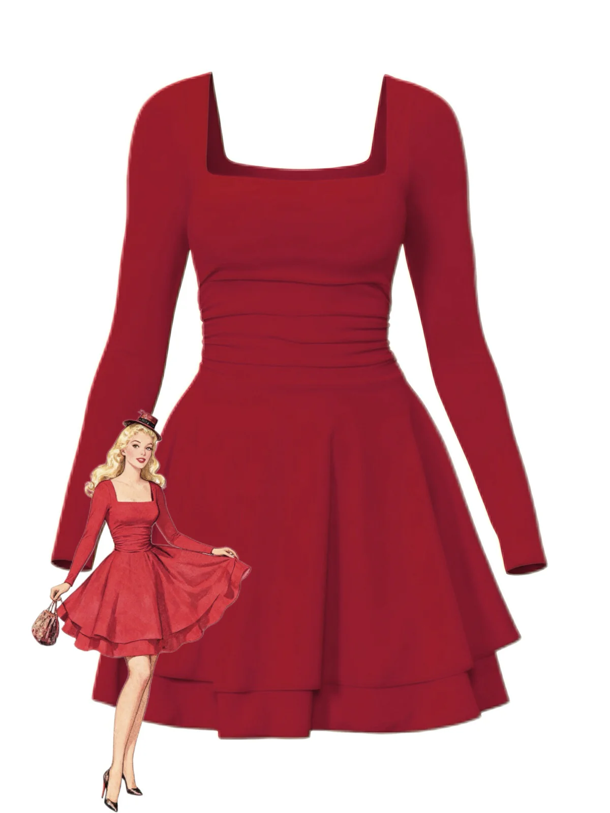 1980er Solide Tailliert Quadratischer Hals Langarm Kleid - Image 11