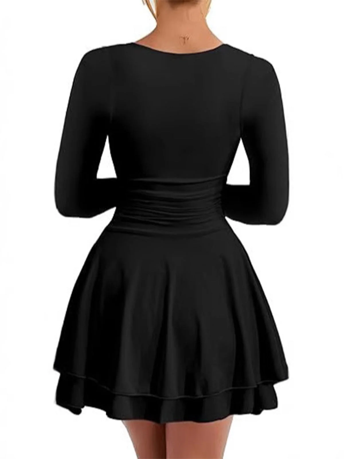 1980er Solide Tailliert Quadratischer Hals Langarm Kleid - Image 4