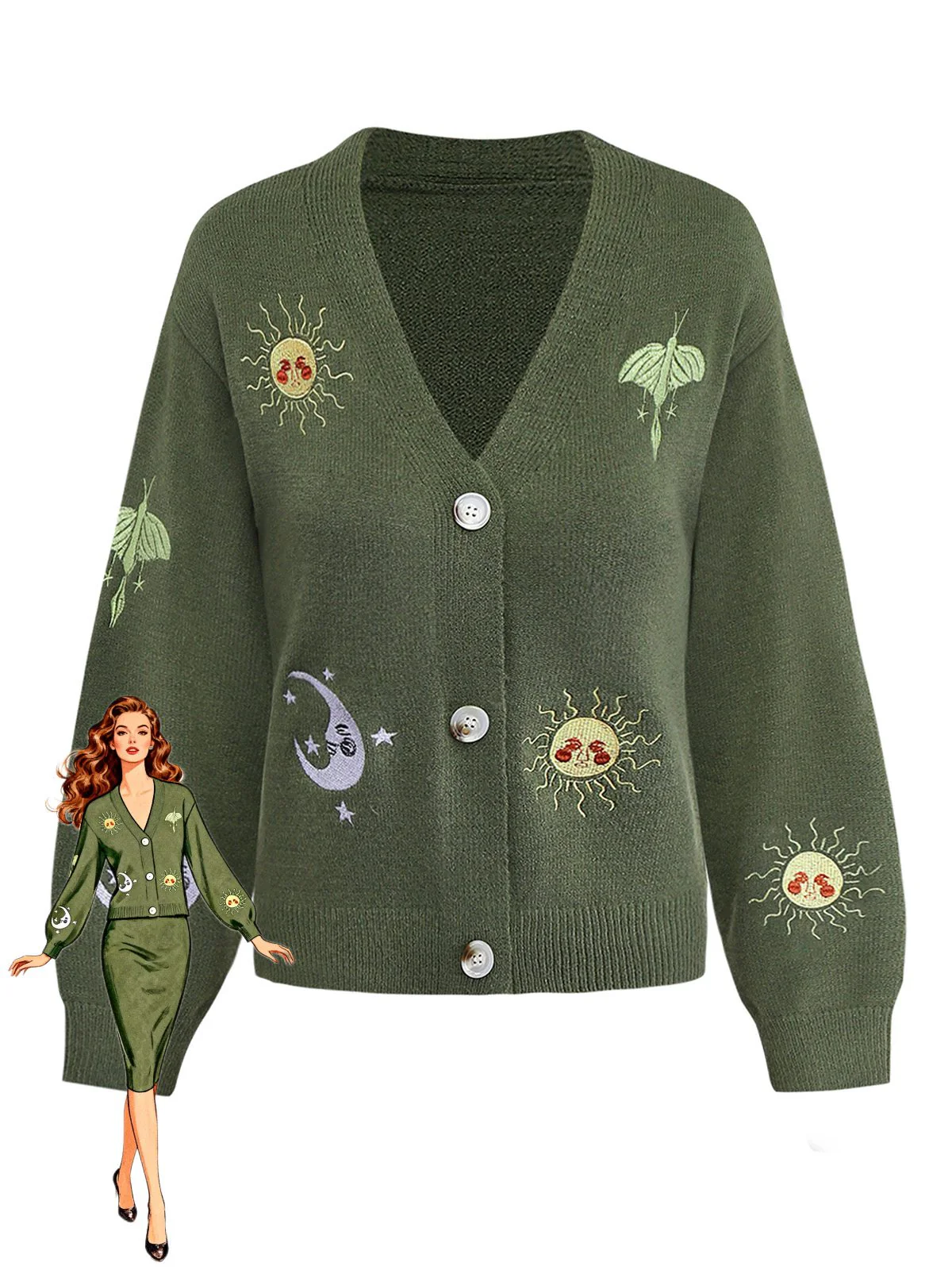 1980er Sonne Mond Bestickt Laternenärmel Stricken Cardigan - Image 3