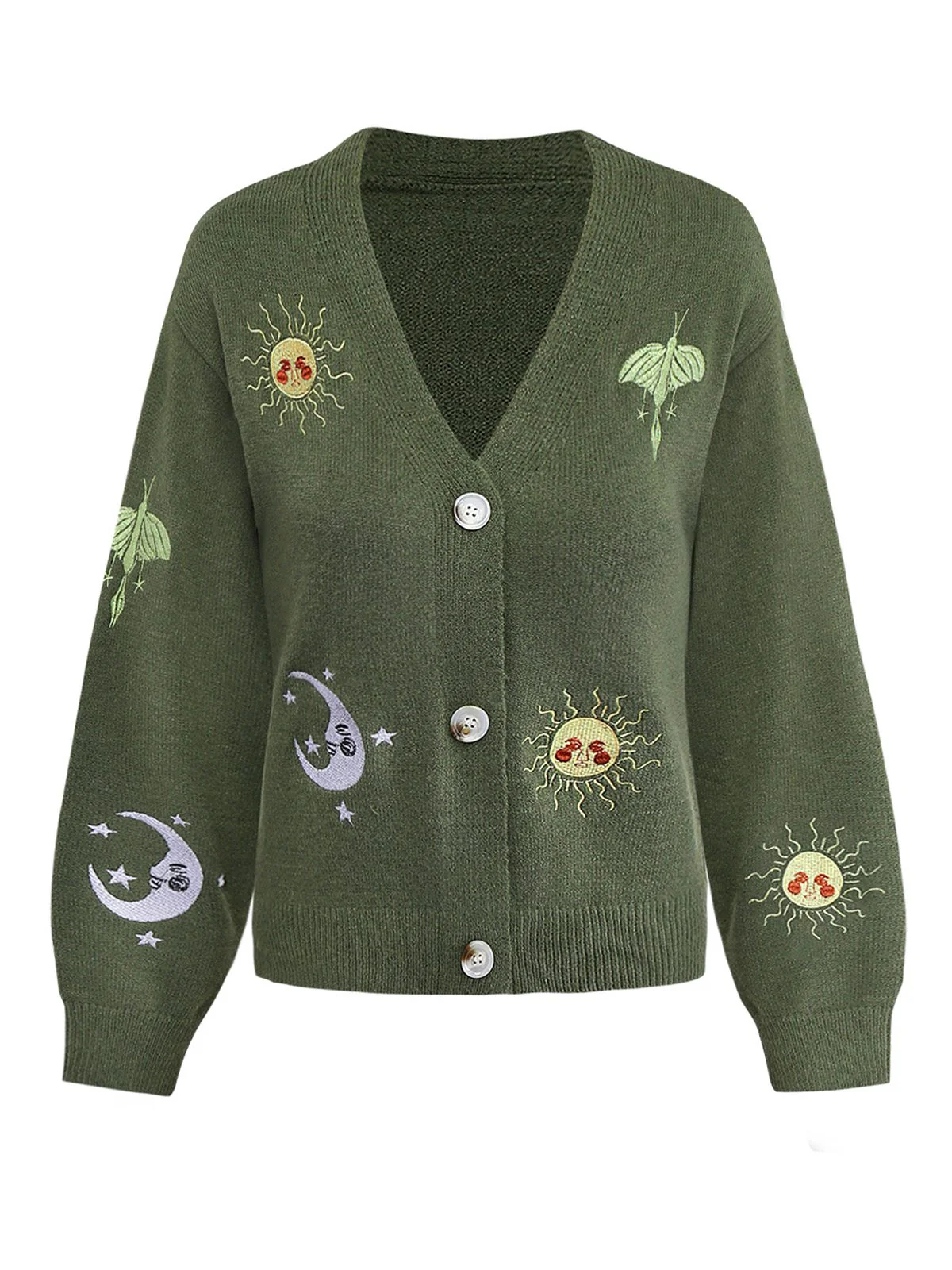 1980er Sonne Mond Bestickt Laternenärmel Stricken Cardigan - Image 4