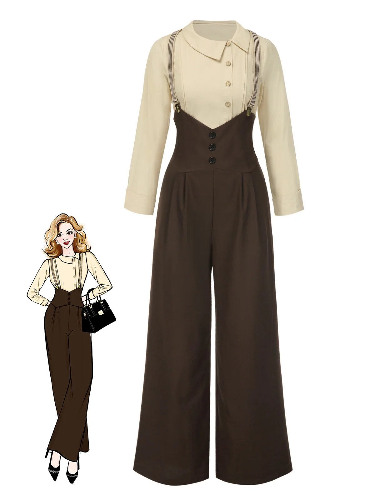 2PCS 1930er Baumwolle Solide Bluse & Latzhose - Image 3