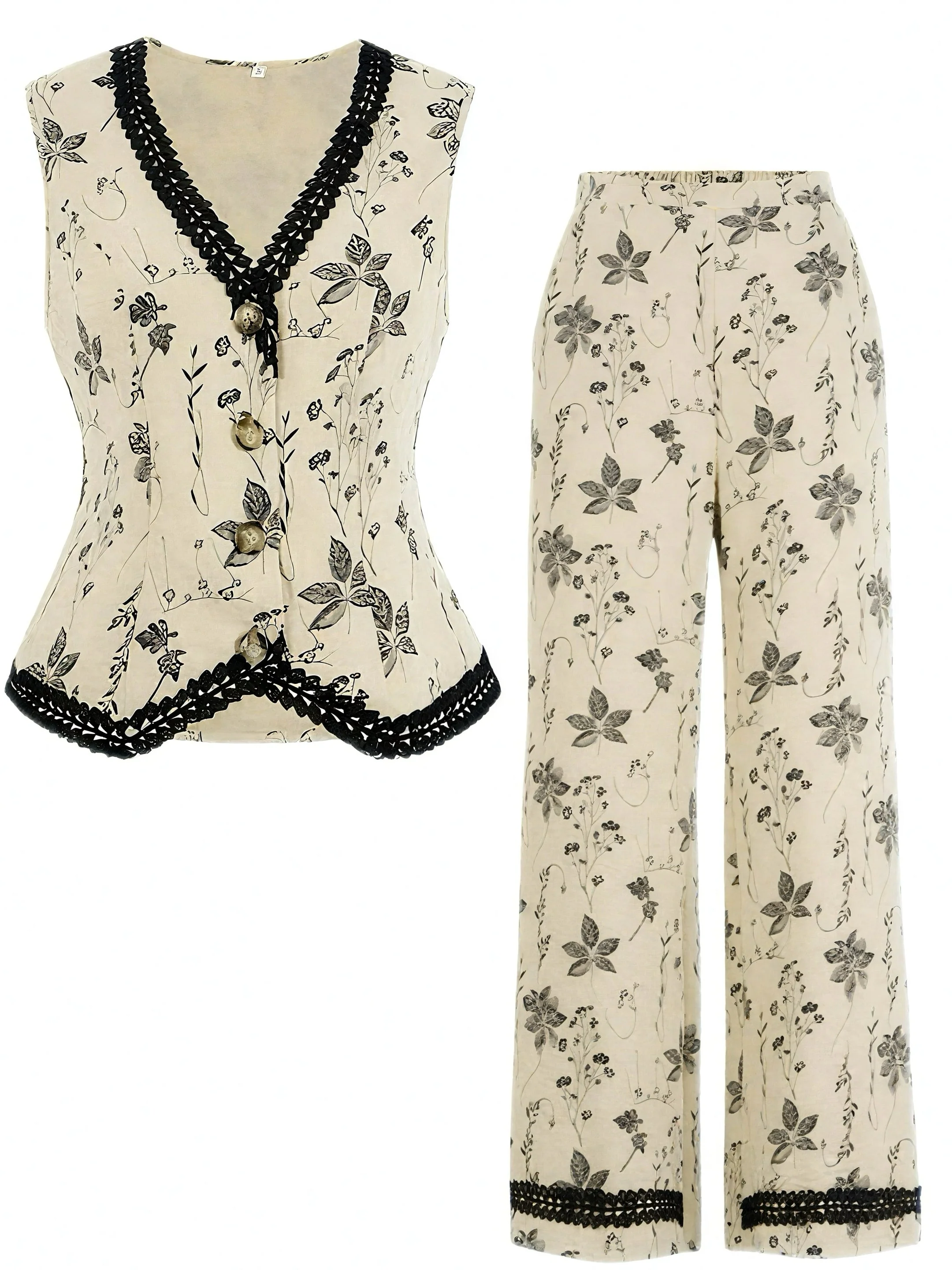 2PCS 1940er Blumen V-Ausschnitt Vest & Hosen - Image 3