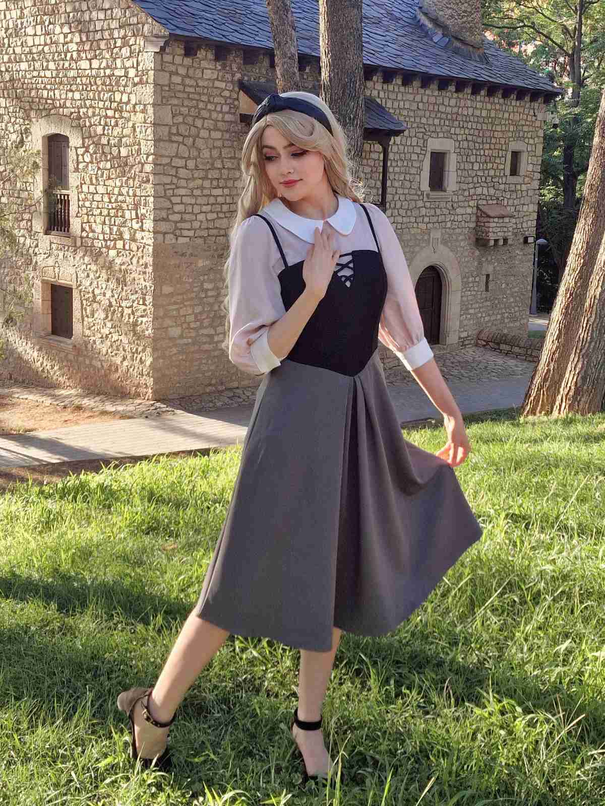 2PCS 1940er Farbblock Rosa Bluse & Grau Kleid - Image 4