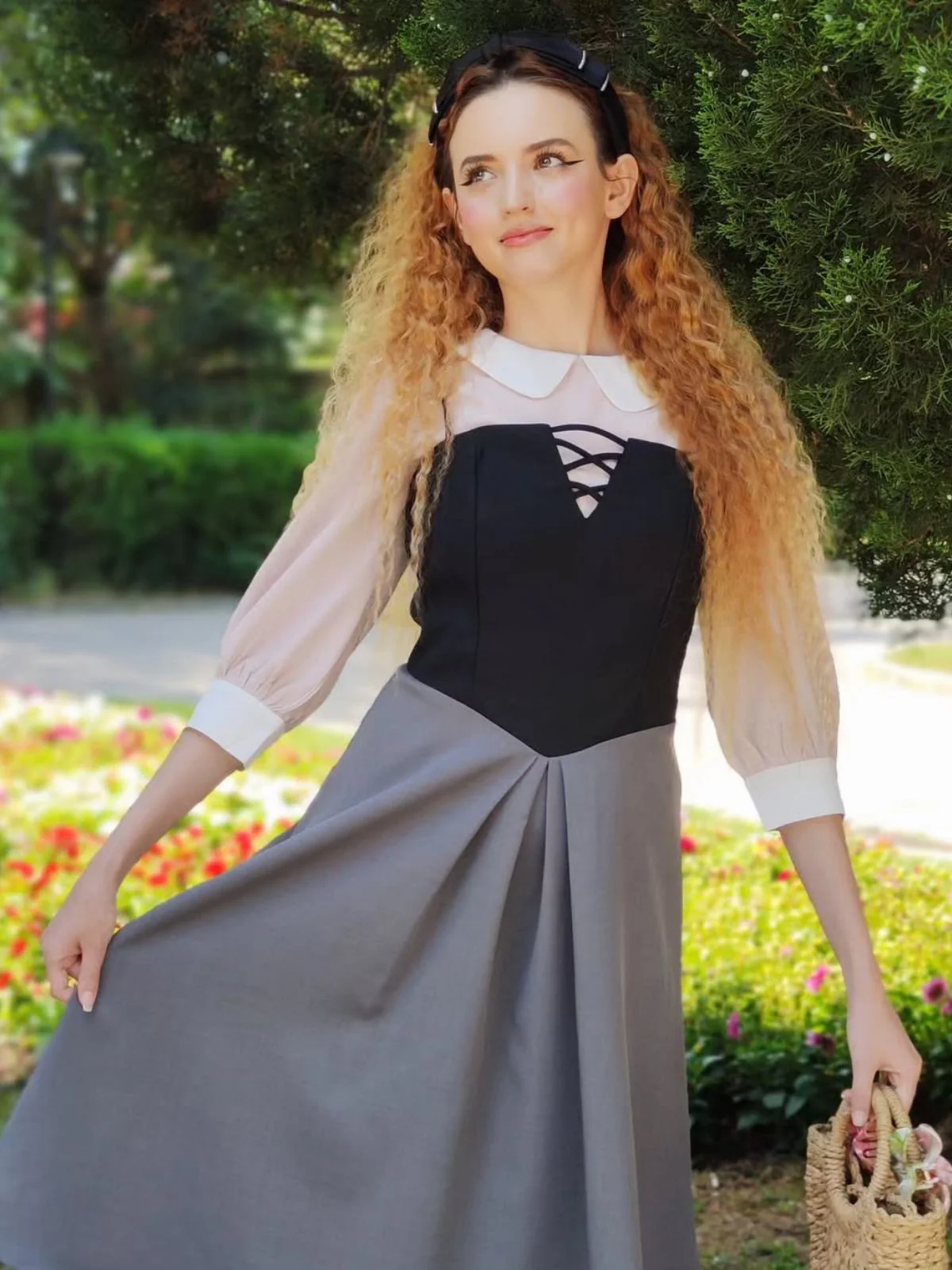 2PCS 1940er Farbblock Rosa Bluse & Grau Kleid - Image 2