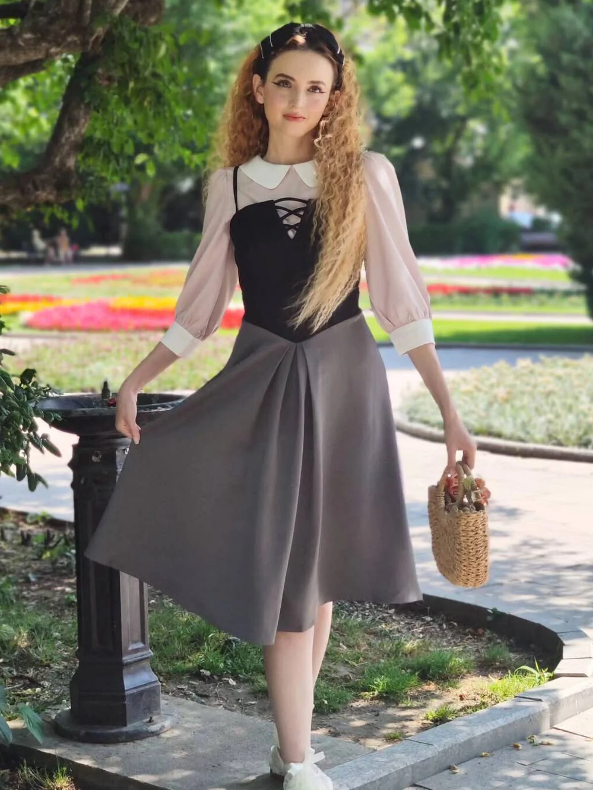 2PCS 1940er Farbblock Rosa Bluse & Grau Kleid - Image 3
