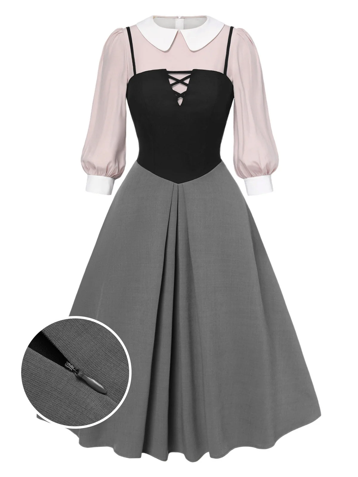2PCS 1940er Farbblock Rosa Bluse & Grau Kleid - Image 4