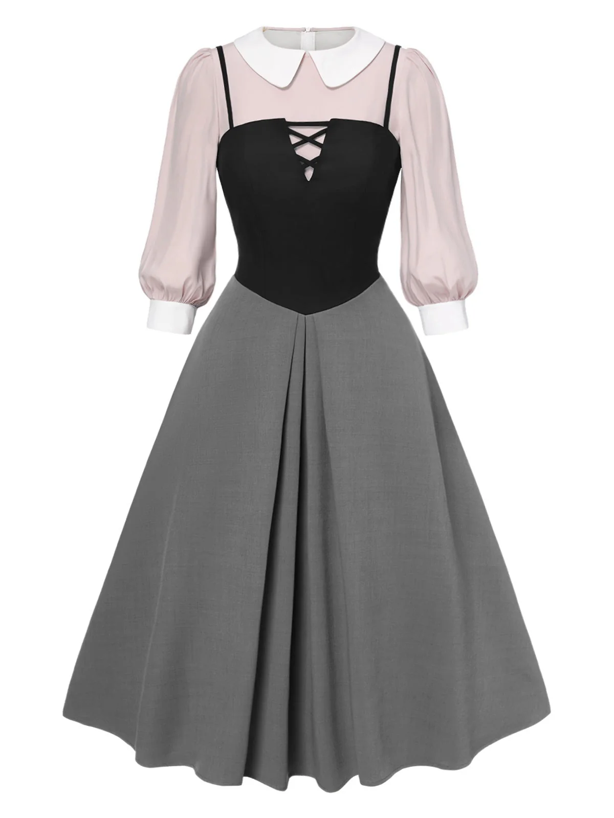 2PCS 1940er Farbblock Rosa Bluse & Grau Kleid - Image 5