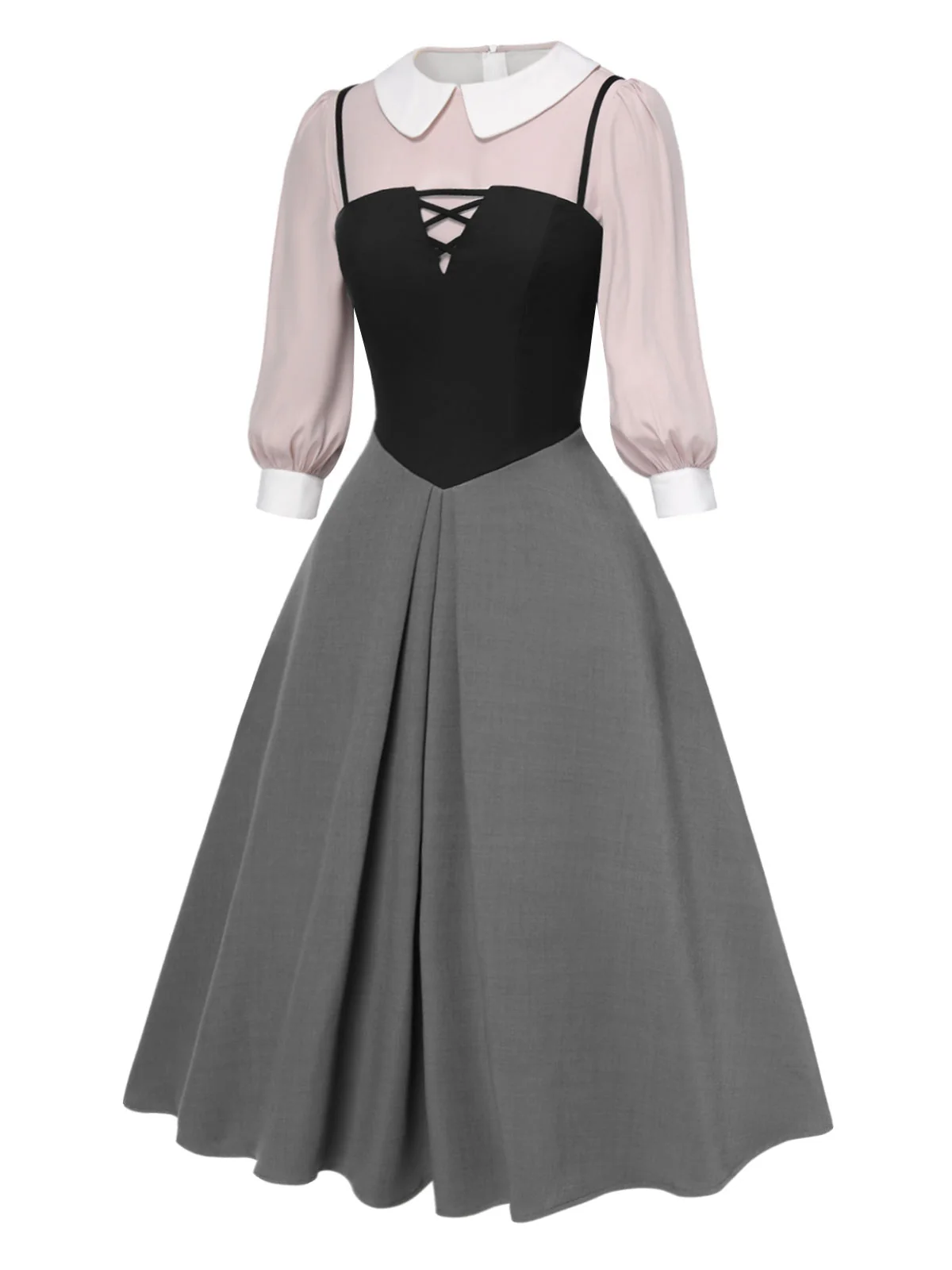 2PCS 1940er Farbblock Rosa Bluse & Grau Kleid - Image 6