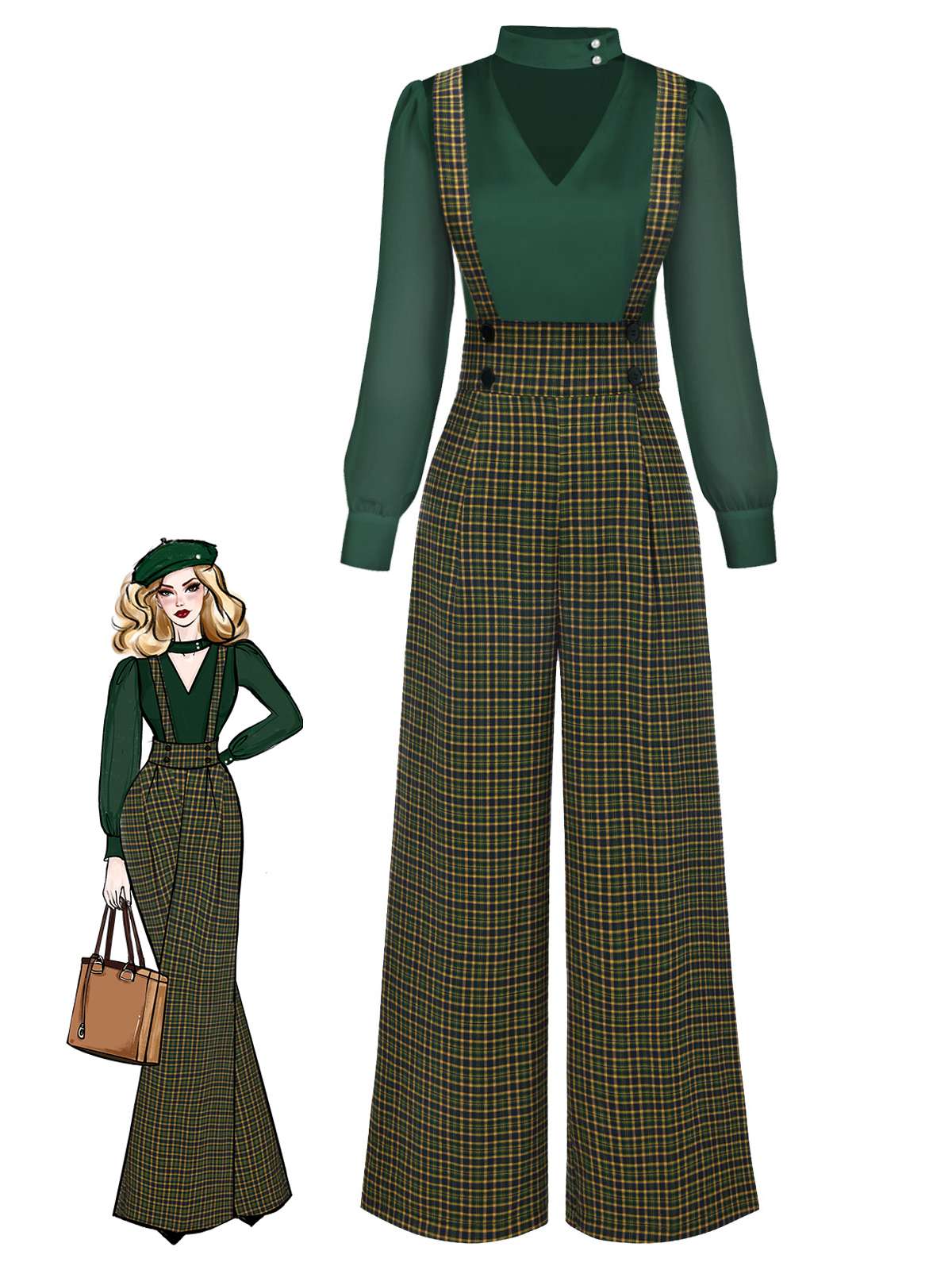 2PCS 1940er Satin Puffärmel Bluse & Glen Plaid Overall Hose - Image 12