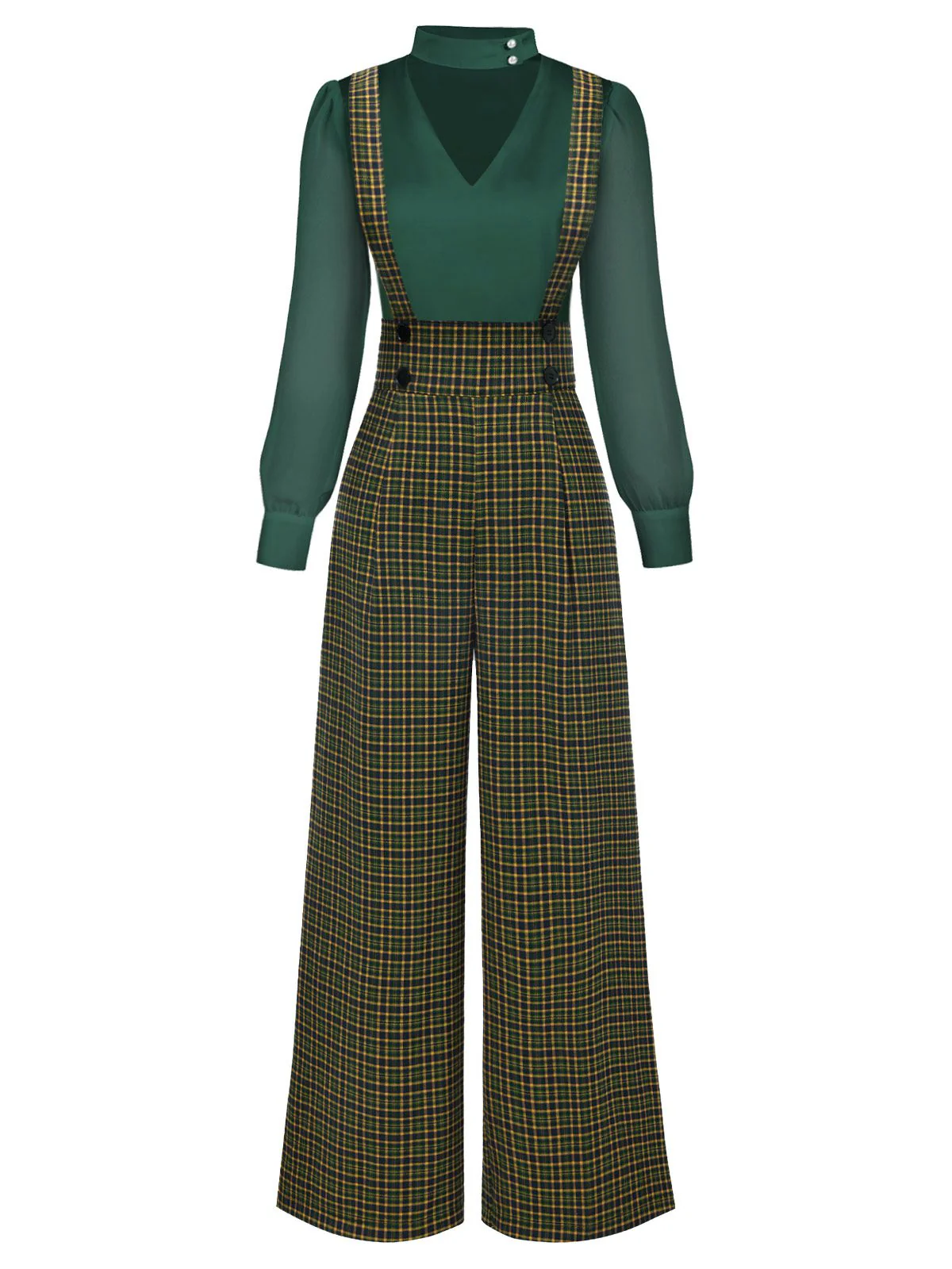 2PCS 1940er Satin Puffärmel Bluse & Glen Plaid Overall Hose - Image 13