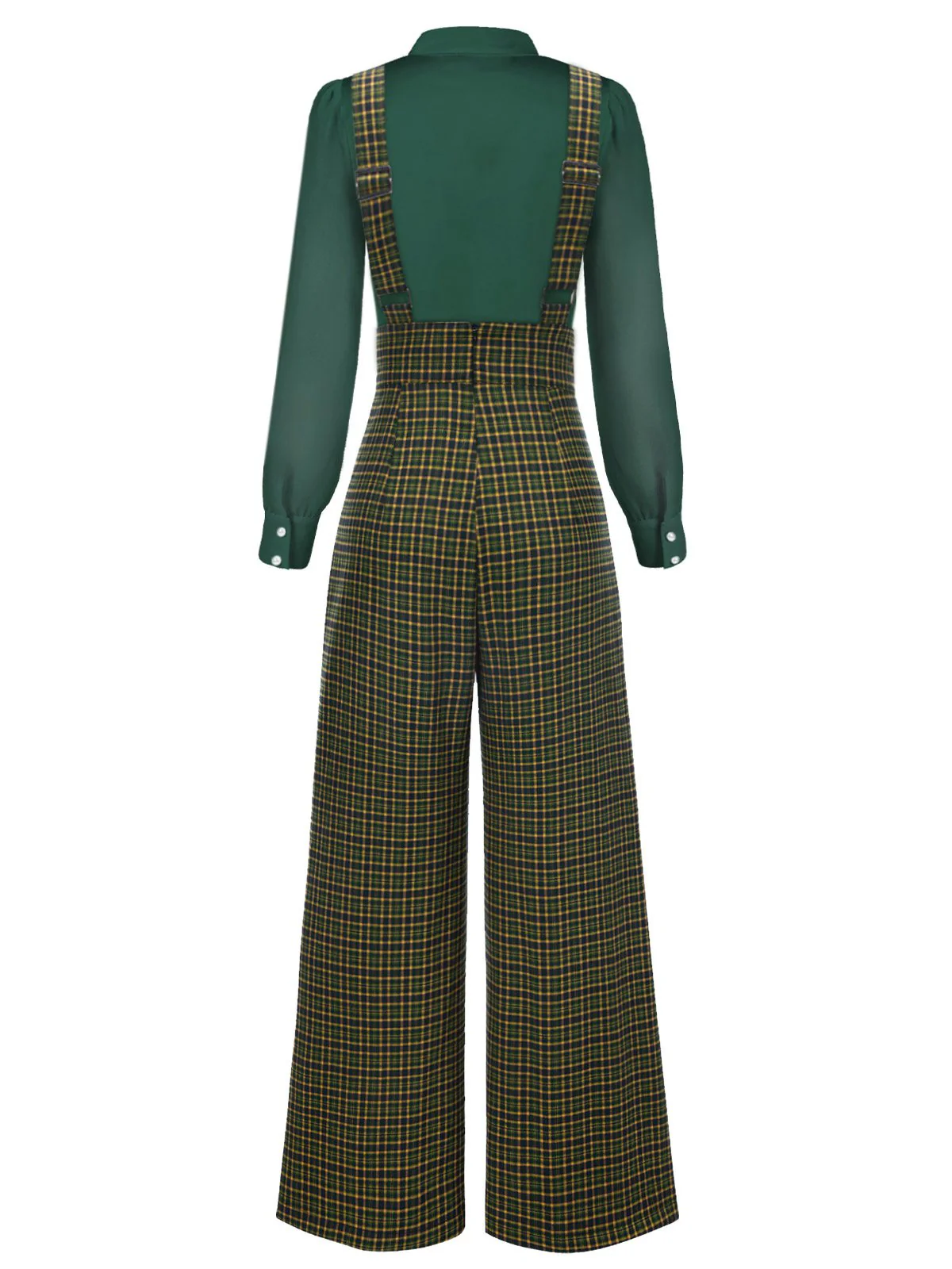 2PCS 1940er Satin Puffärmel Bluse & Glen Plaid Overall Hose - Image 14