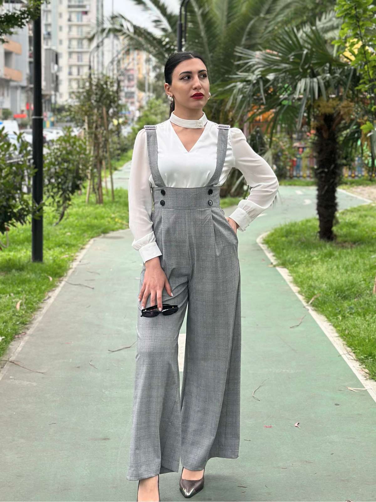 2PCS 1940er Satin Puffärmel Bluse & Glen Plaid Overall Hose