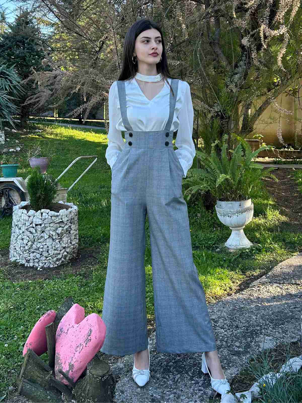 2PCS 1940er Satin Puffärmel Bluse & Glen Plaid Overall Hose - Image 2