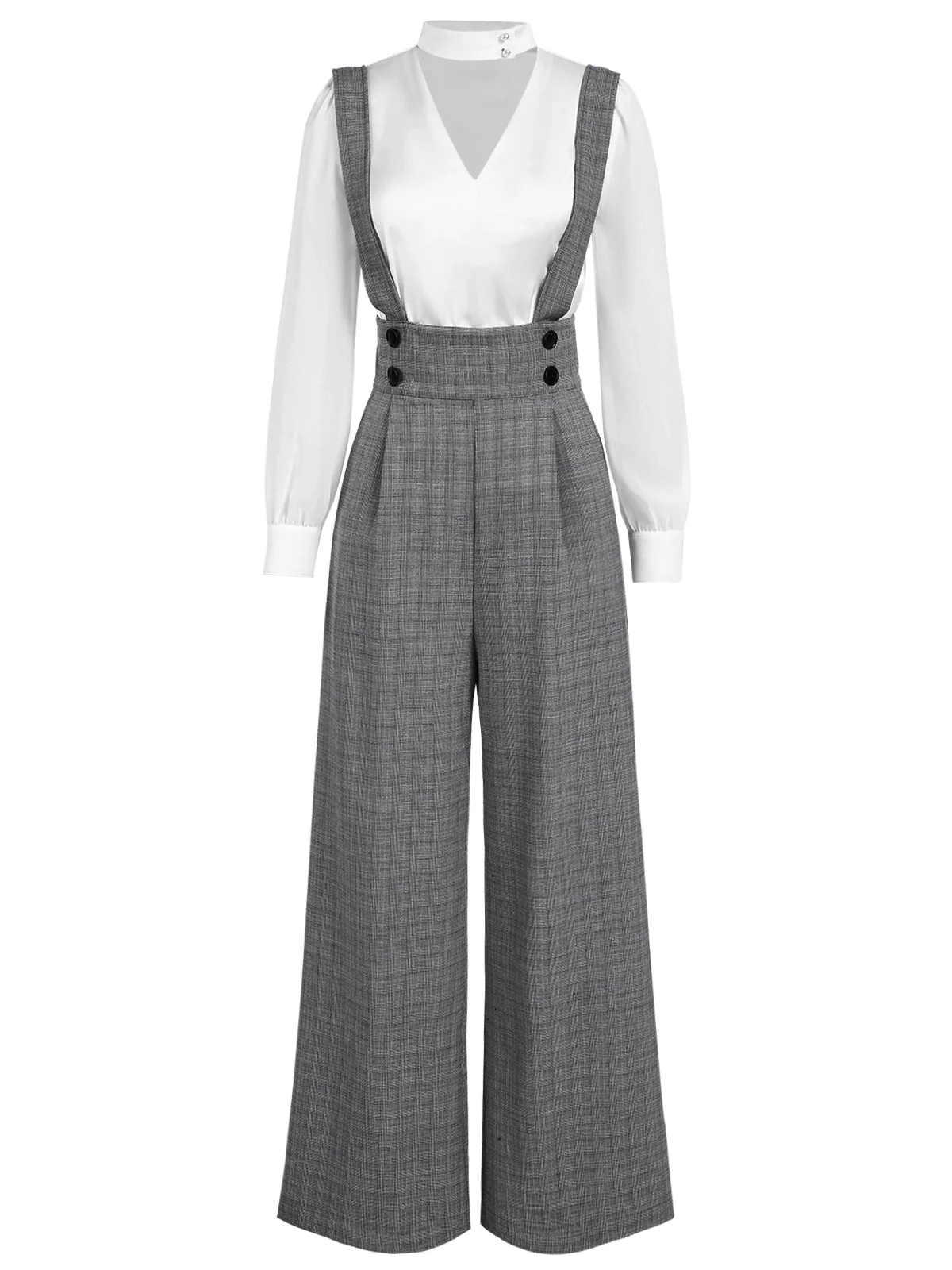 2PCS 1940er Satin Puffärmel Bluse & Glen Plaid Overall Hose - Image 5