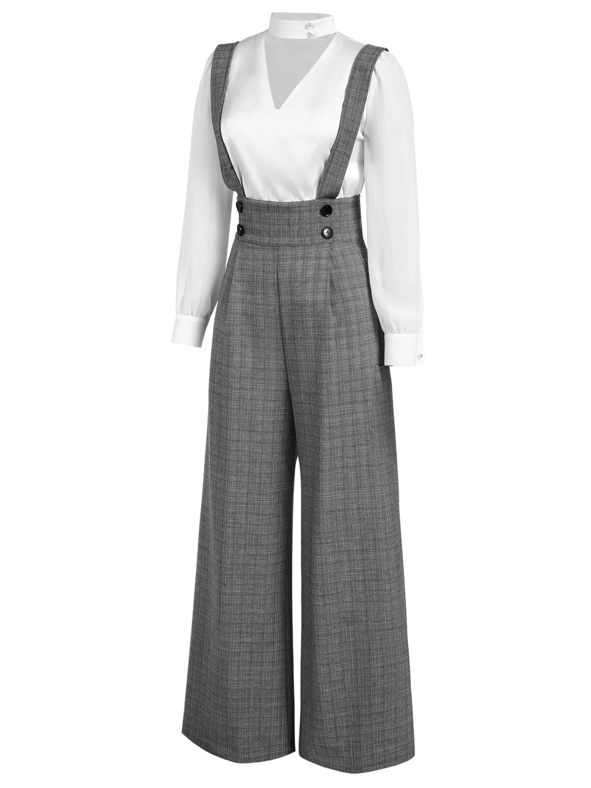 2PCS 1940er Satin Puffärmel Bluse & Glen Plaid Overall Hose - Image 6