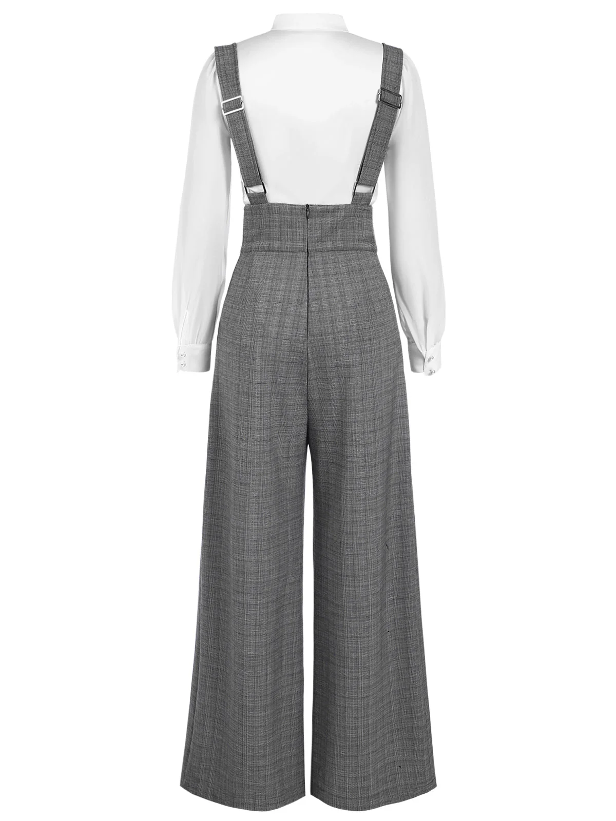 2PCS 1940er Satin Puffärmel Bluse & Glen Plaid Overall Hose - Image 7