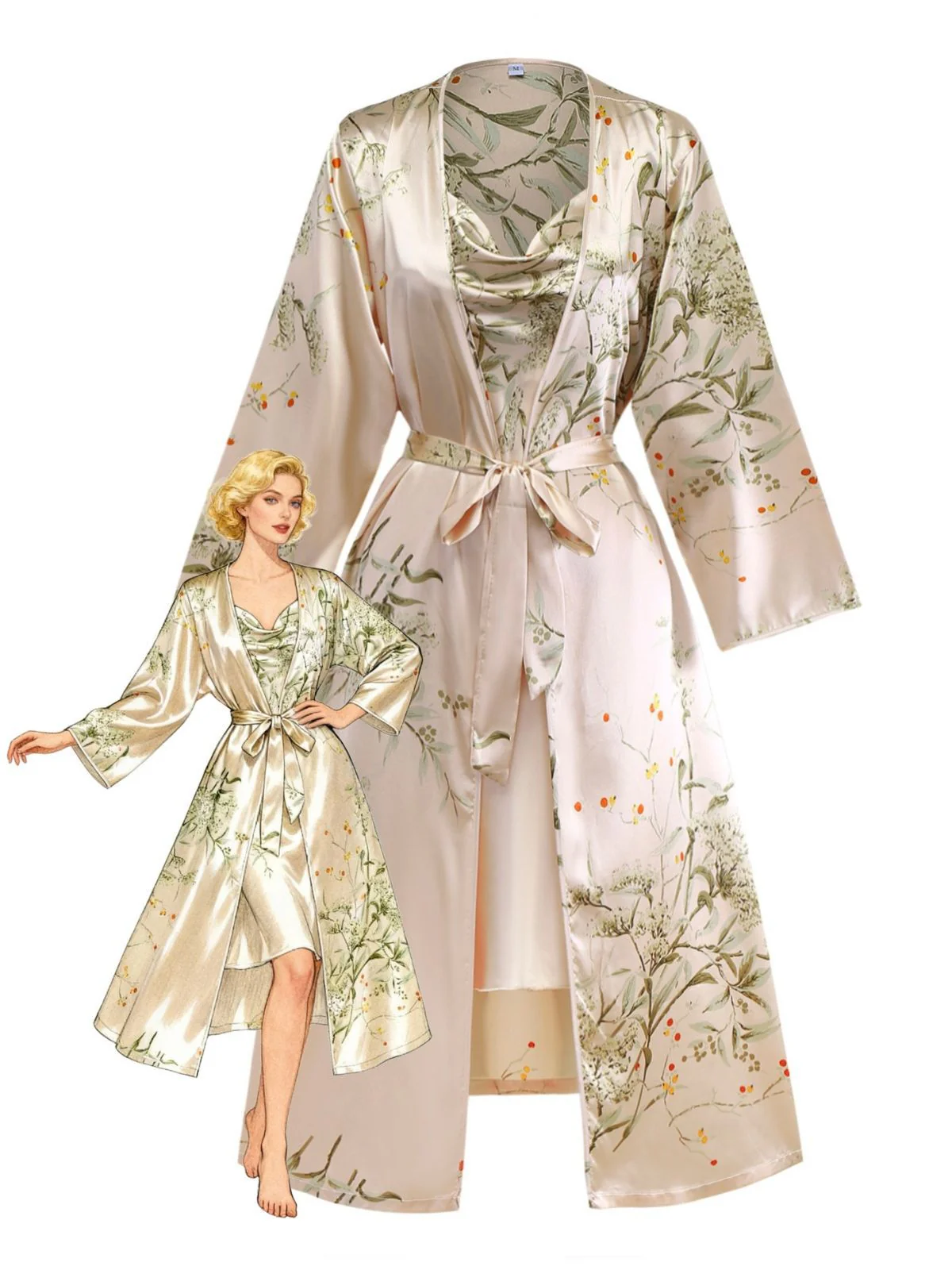 2PCS 1950er Blumen Träger Satin Nachthemd & Bademantel
