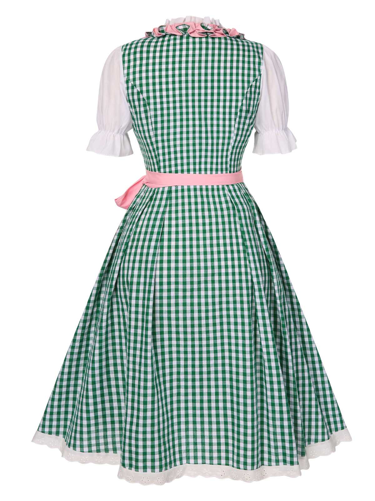 2PCS 1950er Oktoberfest Dirndl Weiß Top & Grün Plaid Kleid & Rosa Schürze - Image 2