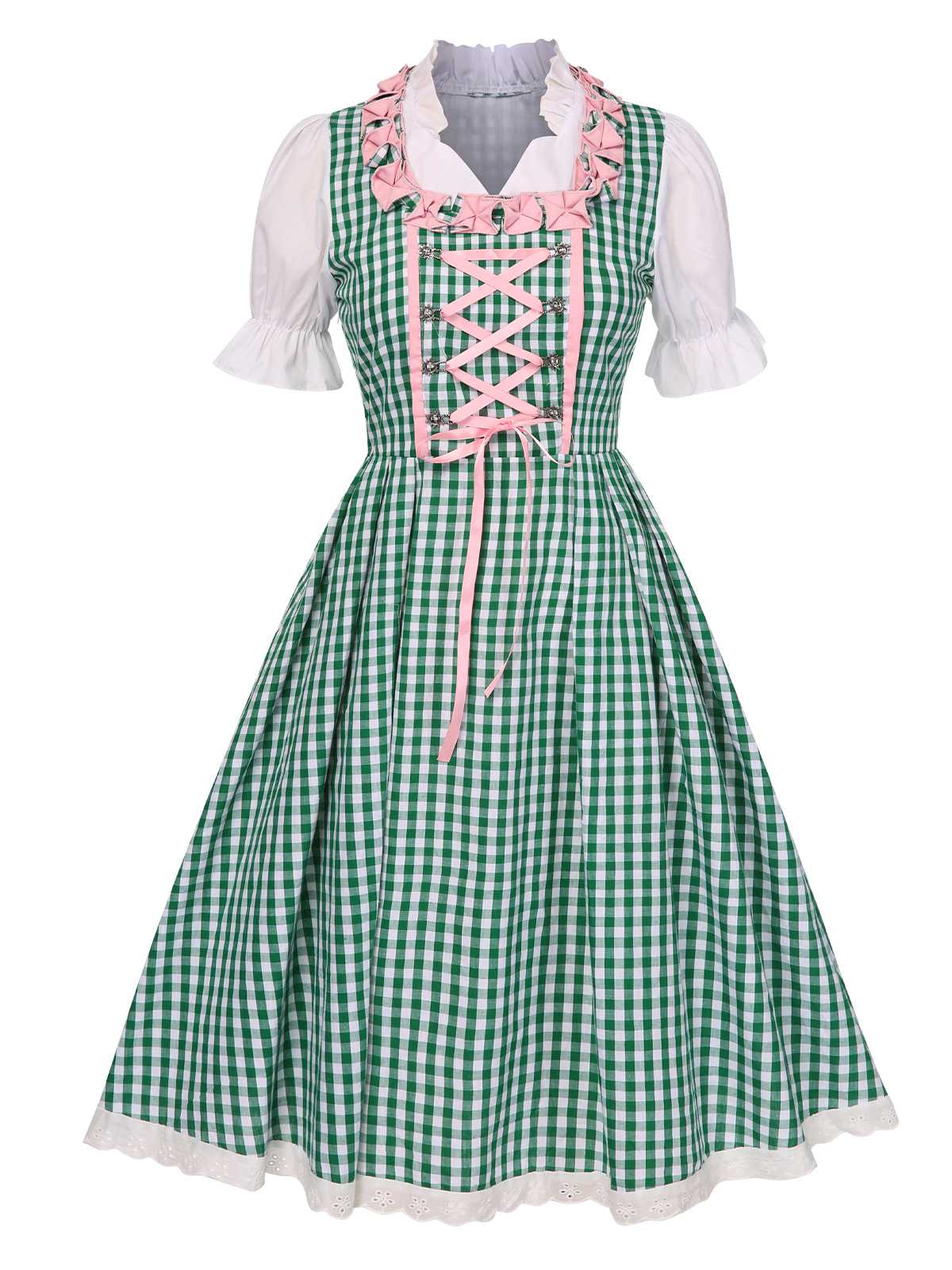2PCS 1950er Oktoberfest Dirndl Weiß Top & Grün Plaid Kleid & Rosa Schürze - Image 3