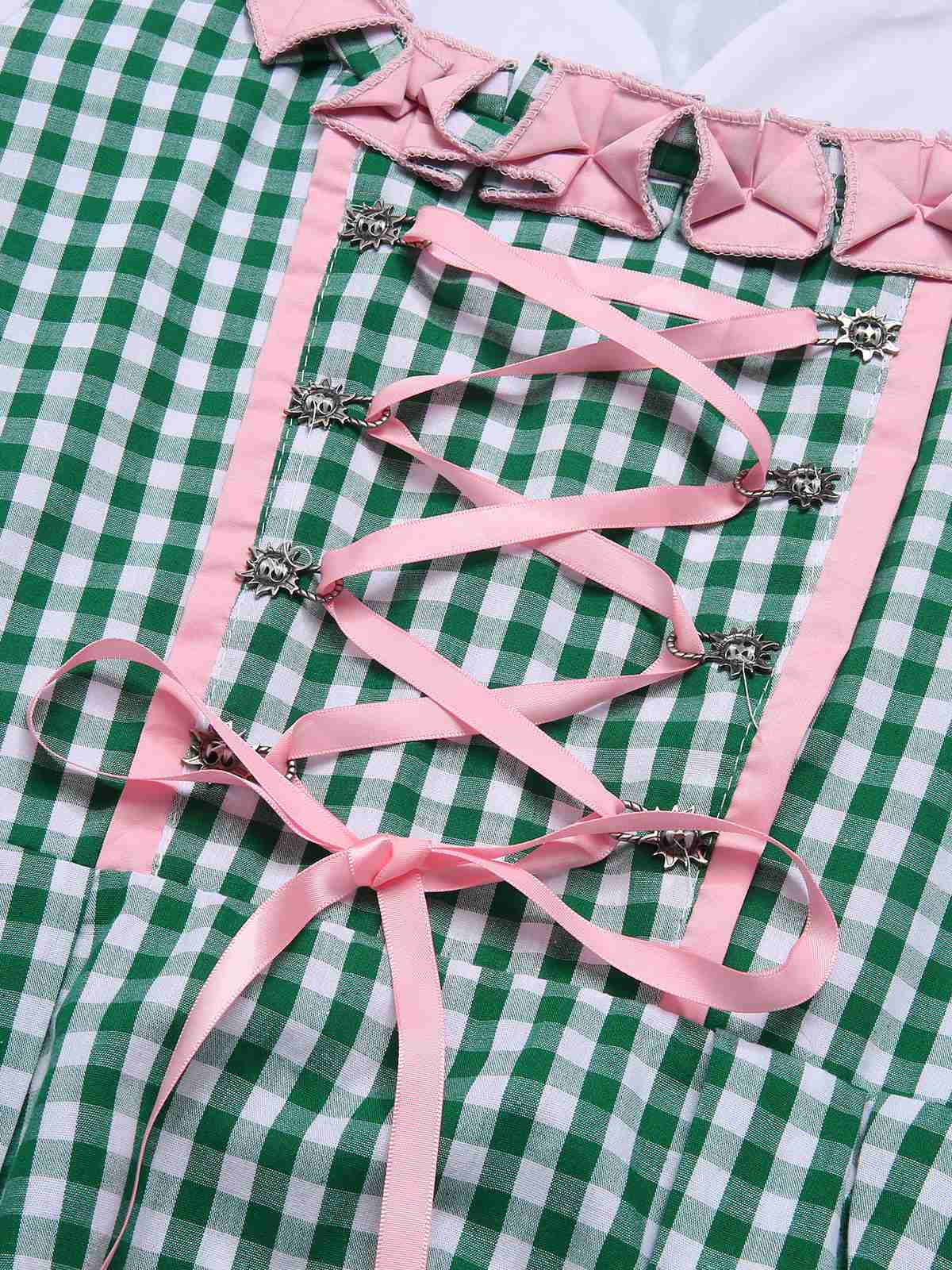 2PCS 1950er Oktoberfest Dirndl Weiß Top & Grün Plaid Kleid & Rosa Schürze - Image 4