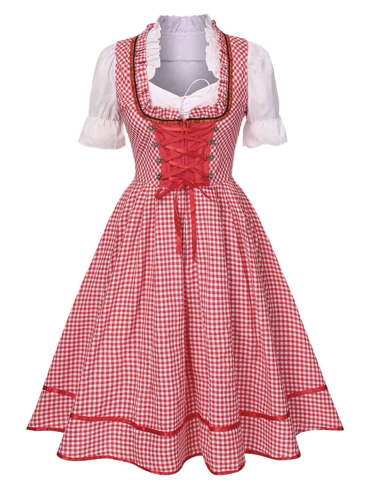2PCS 1950er Oktoberfest Dirndl Weiß Top & Rot Plaid Kleid & Rot Schürze - Image 2