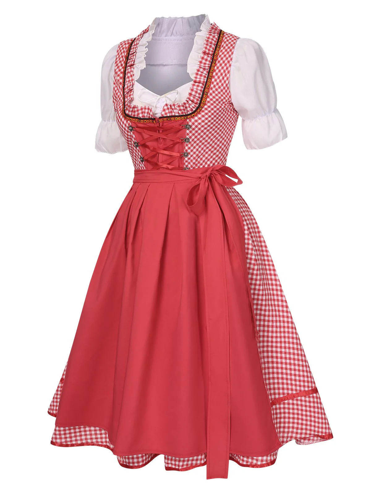 2PCS 1950er Oktoberfest Dirndl Weiß Top & Rot Plaid Kleid & Rot Schürze - Image 4