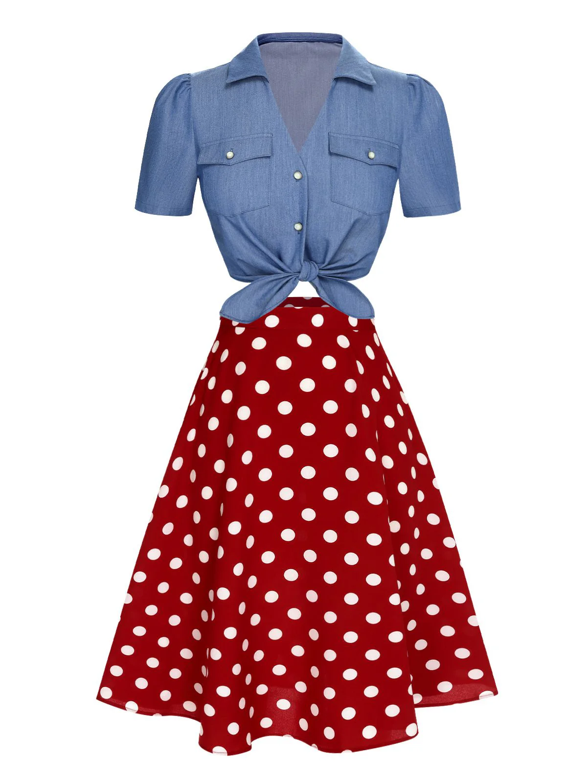 2PCS 1950er Solide Bluse & Polka Dots Rock - Image 4