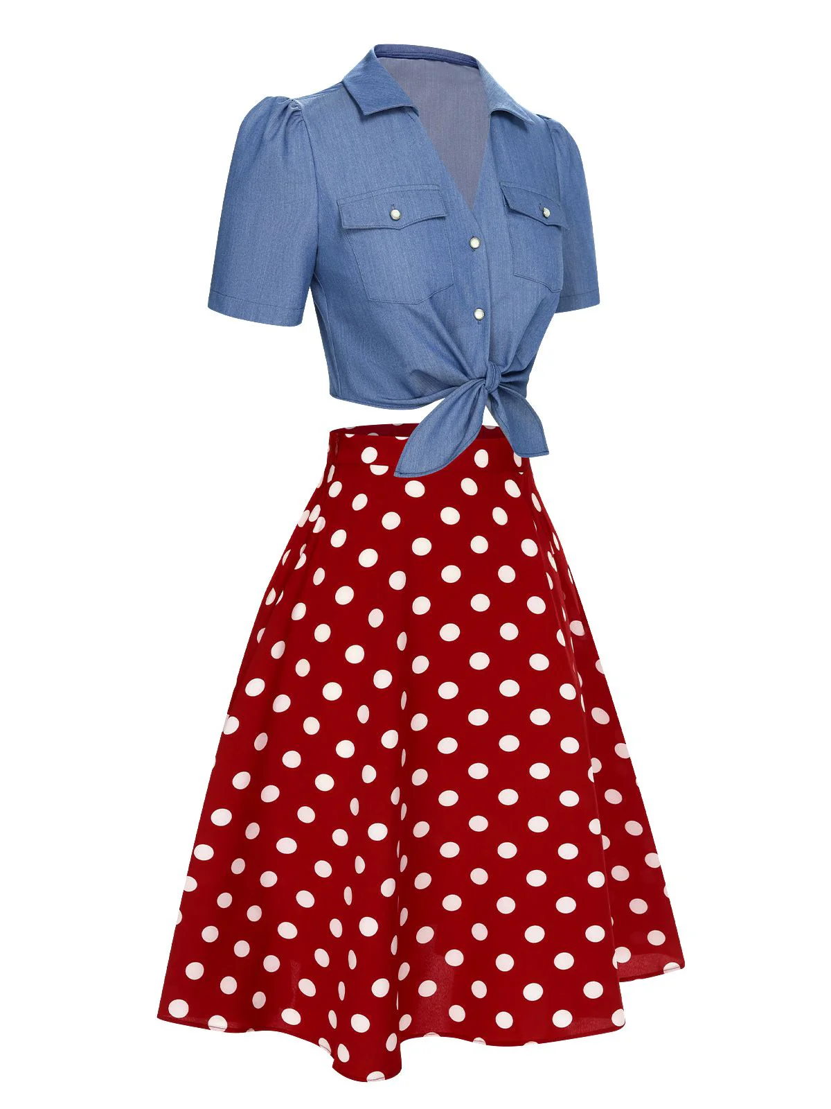 2PCS 1950er Solide Bluse & Polka Dots Rock - Image 5
