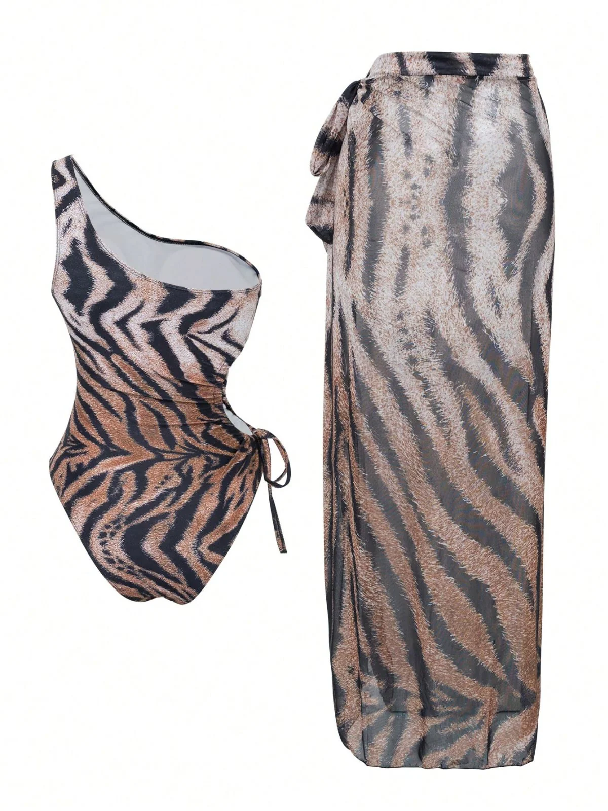 2PCS 1950er Tiger Eine Schulter Badeanzug & Cover-Up - Image 2