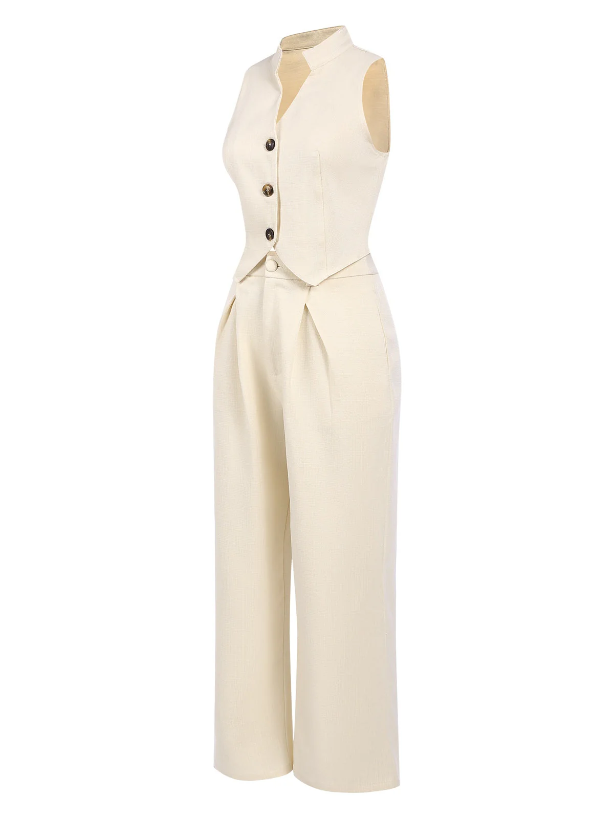 2PCS 1960er Beige Geknöpftes Top & Weites Bein Hose - Image 3