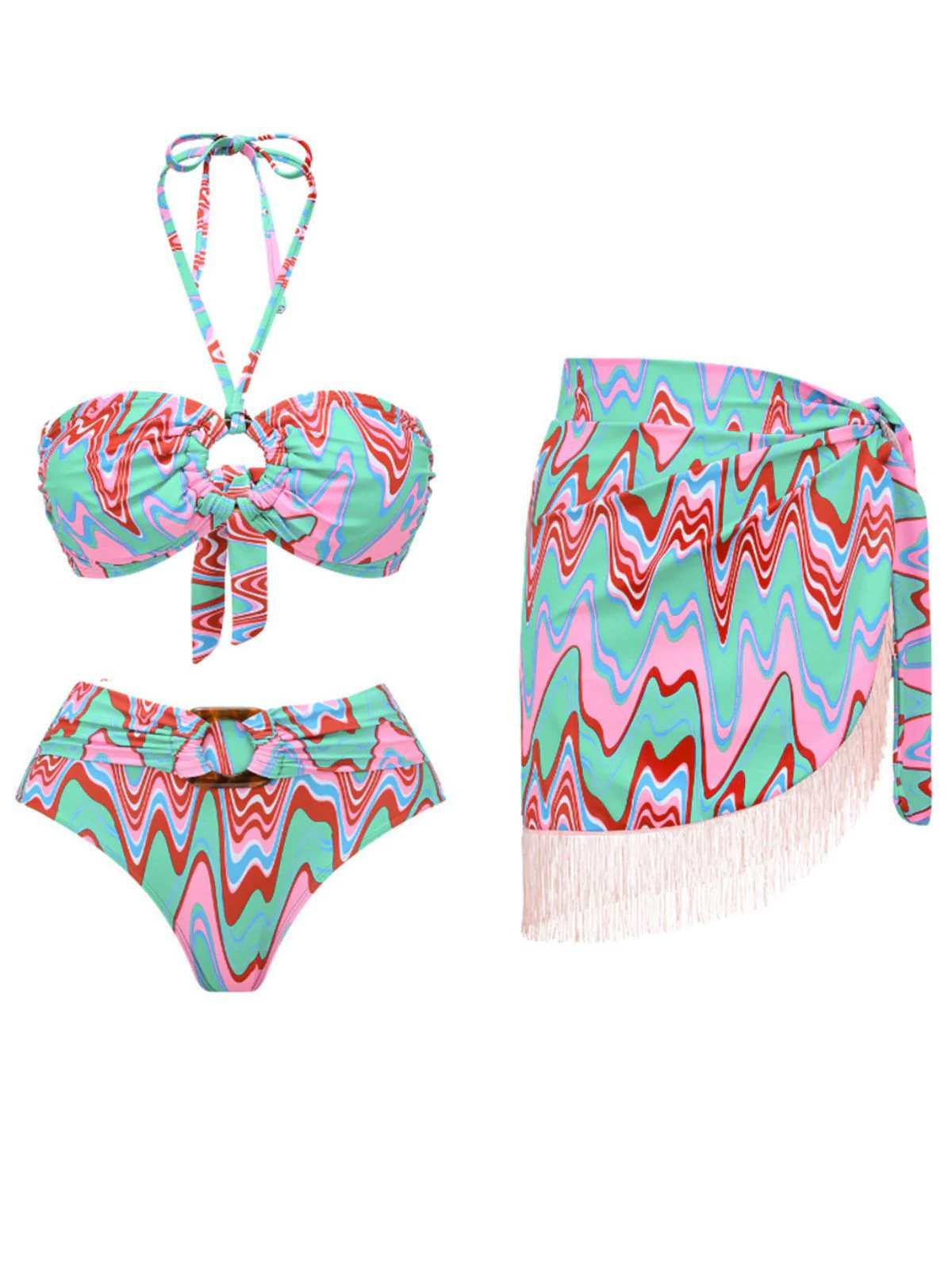 2PCS 1970er Fransendruck Schnürung Halter Bikini Set & Cover-Up - Image 5