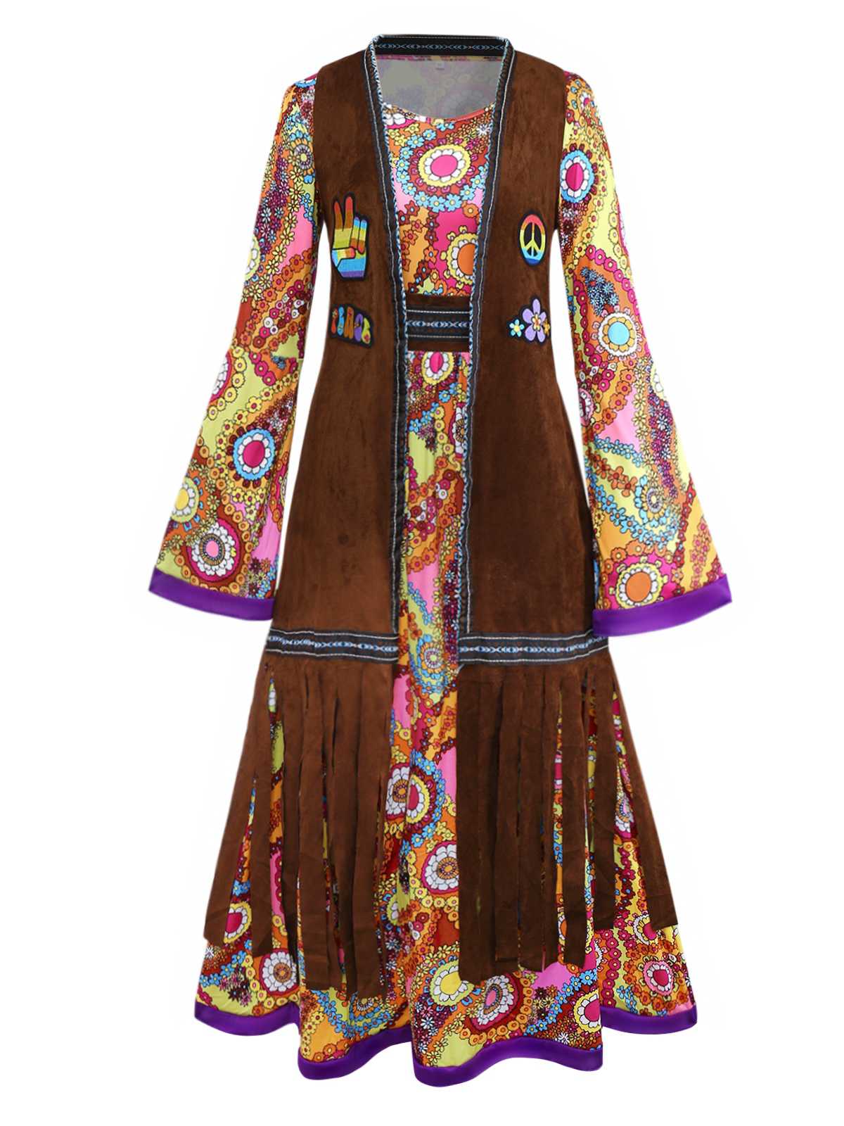 2PCS 1970er Quaste Weste & Psychedelisch Hippie Kostüm Kleid