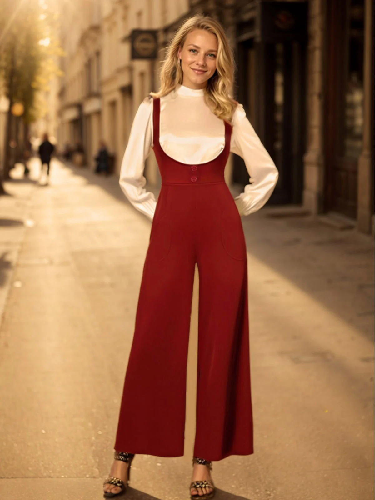 2PCS 1970er Satin Hoher Hals Bluse & Träger Hosen - Image 3