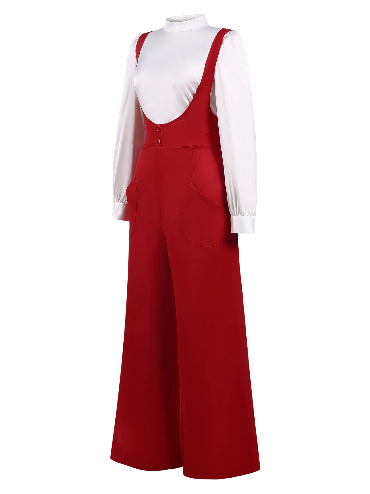 2PCS 1970er Satin Hoher Hals Bluse & Träger Hosen - Image 4