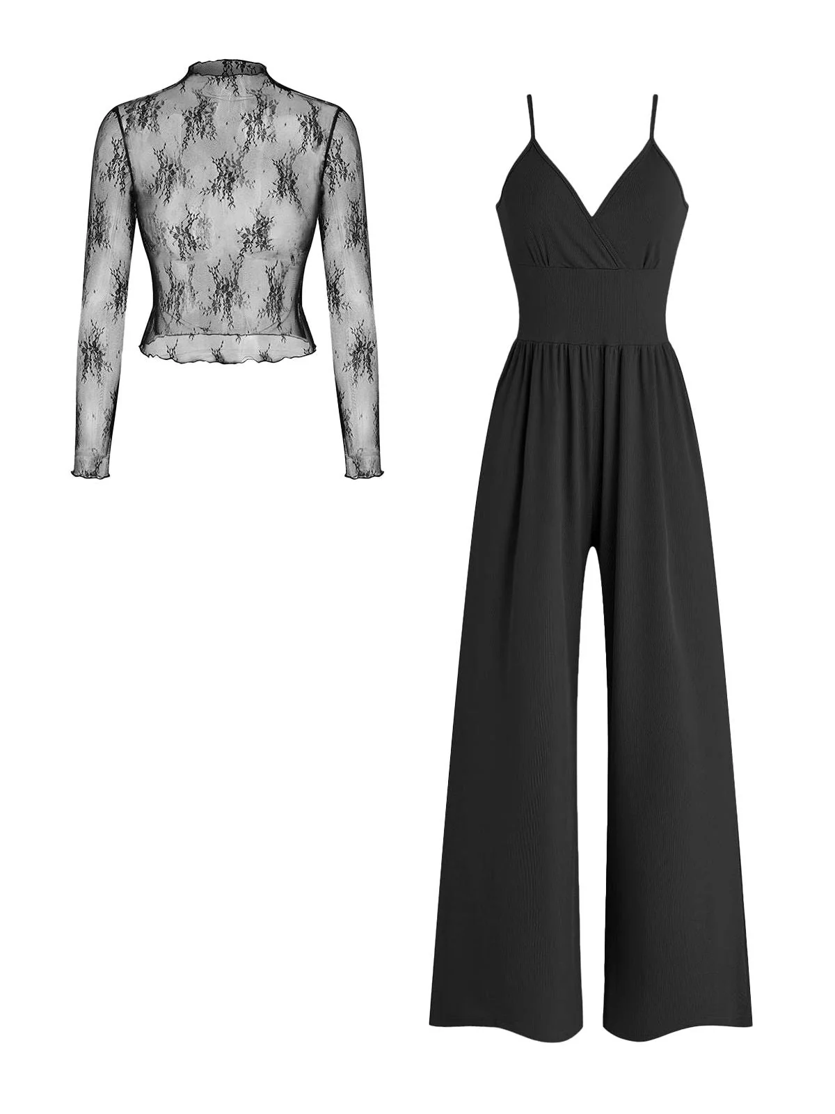 2PCS 1970er Transparent Spitze Blumen Top & V-Ausschnitt Jumpsuit - Image 2