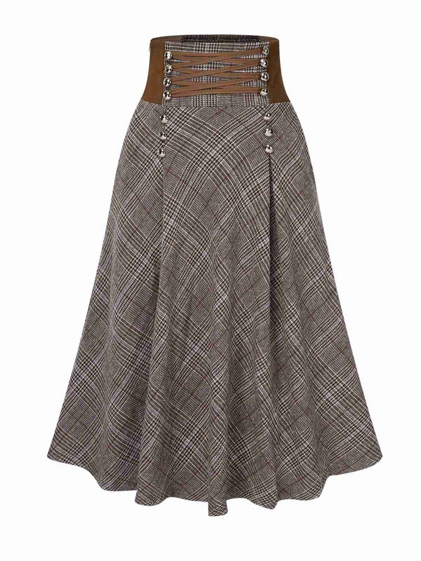 2PCS 1980er Chiffon Rüschen Hochhals Bluse & Schnürung Plaid Rock - Image 7