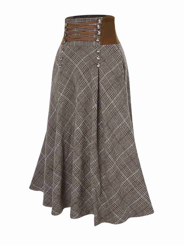 2PCS 1980er Chiffon Rüschen Hochhals Bluse & Schnürung Plaid Rock - Image 8