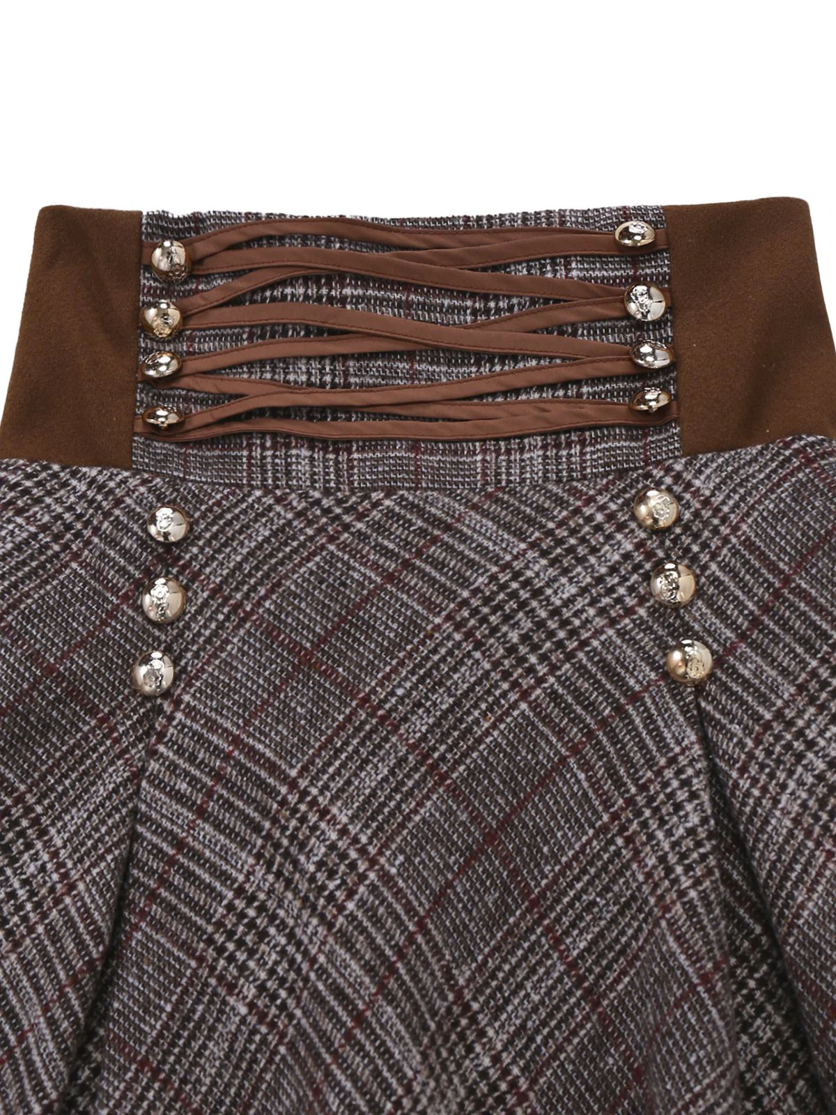 2PCS 1980er Chiffon Rüschen Hochhals Bluse & Schnürung Plaid Rock - Image 9
